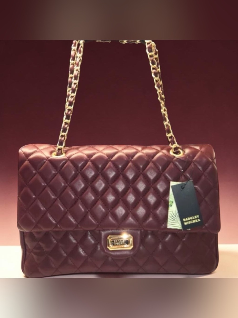 Badgley Mischka Purple Quilted Crossbody Bag with Gold Chain